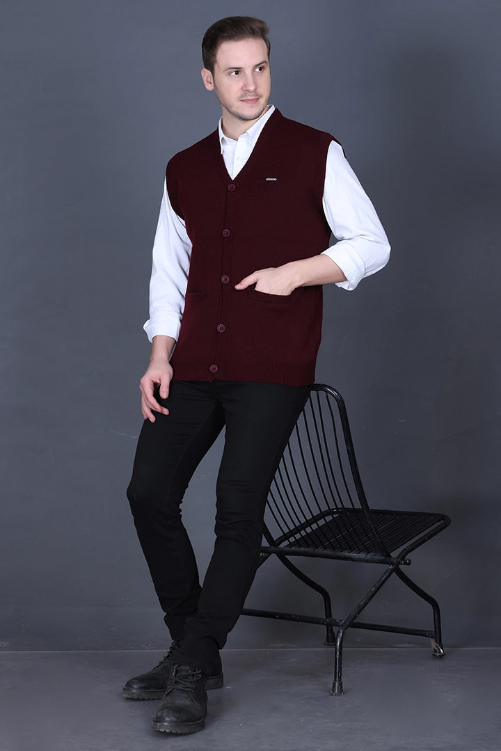 Wine Woolen V-Neck Sleeveless Mens Cardigan Sweater