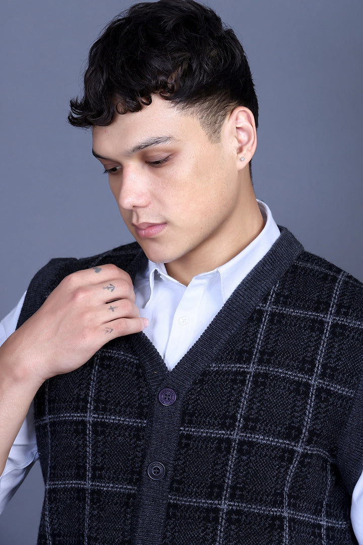 Charcoal V-Neck Sleeveless Mens Cardigan Sweaters