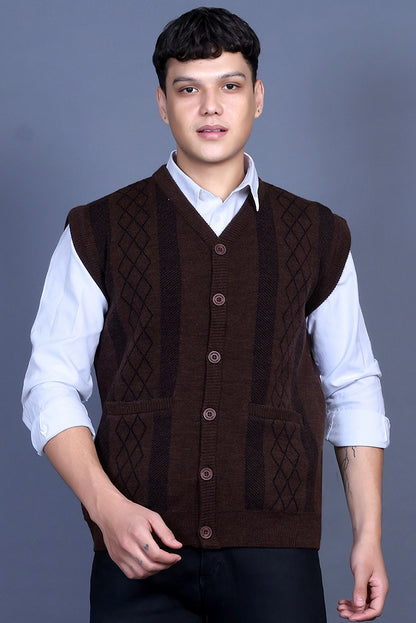 Coffee V-Neck Sleeveless Mens Cardigan Sweaters