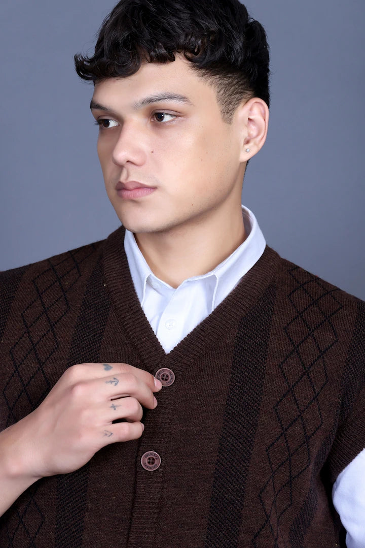 Coffee V-Neck Sleeveless Mens Cardigan Sweaters
