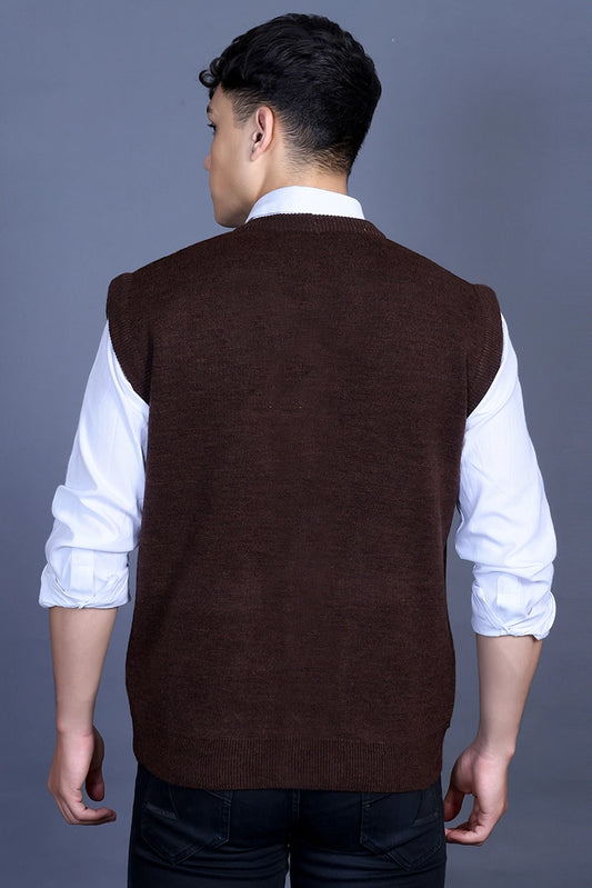 Coffee V-Neck Sleeveless Mens Cardigan Sweaters