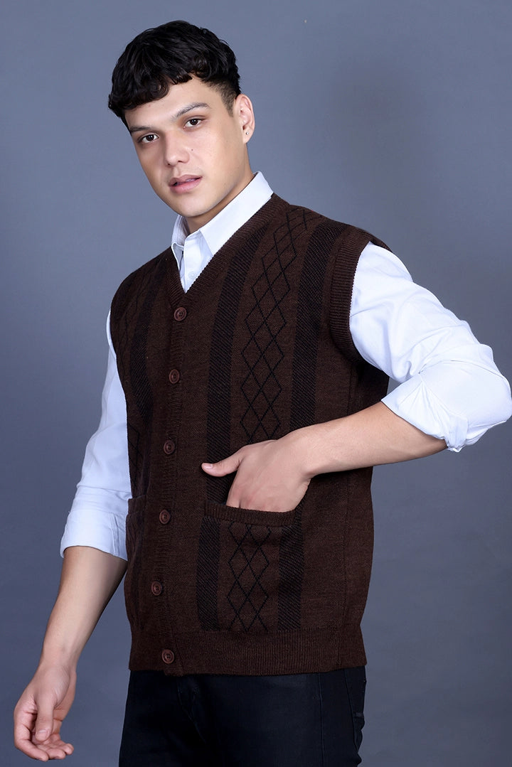 Coffee V-Neck Sleeveless Mens Cardigan Sweaters