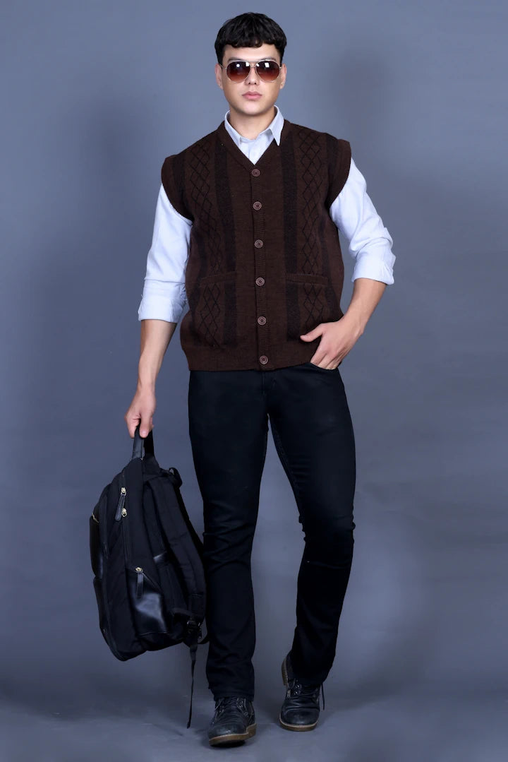 Coffee V-Neck Sleeveless Mens Cardigan Sweaters
