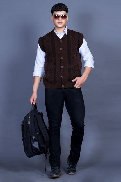 Coffee V-Neck Sleeveless Mens Cardigan Sweaters