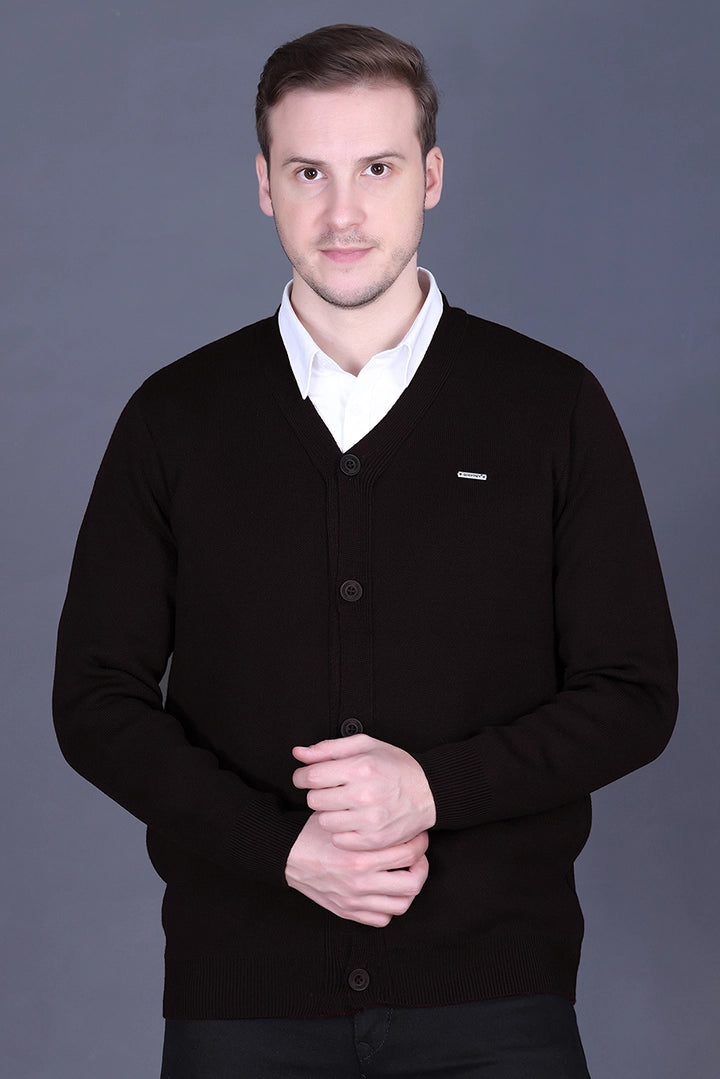 Black Woolen V-Neck Full Sleeve Mens Cardigan Sweater