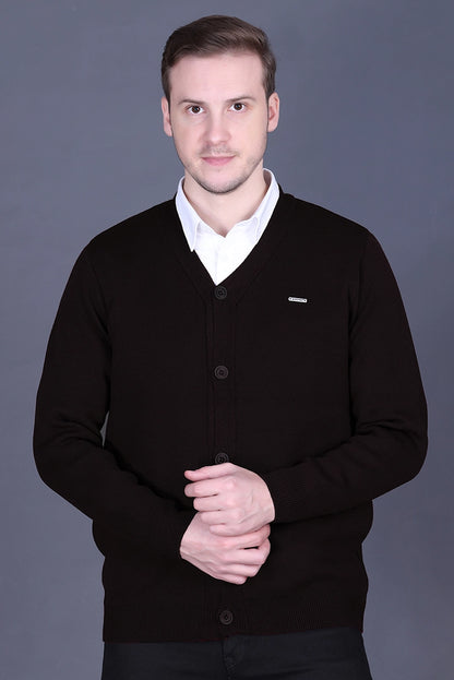 Wine Woolen V-Neck Full Sleeve Mens Cardigan Sweater