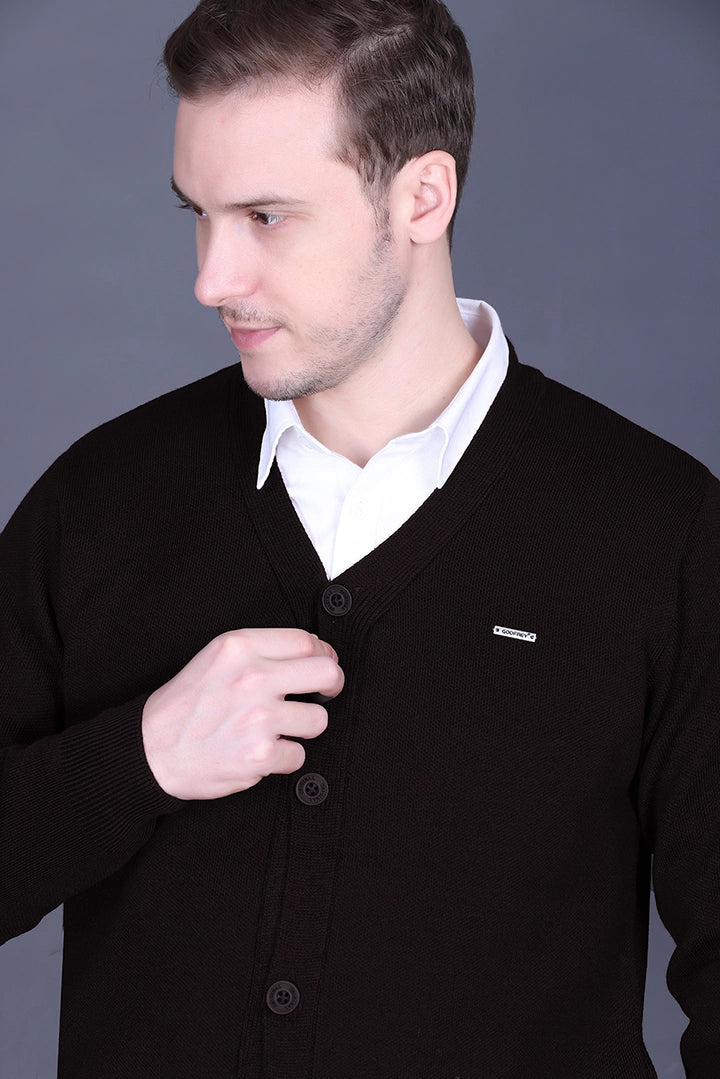 Black Woolen V-Neck Full Sleeve Mens Cardigan Sweater