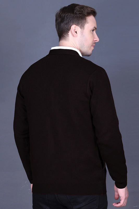 Black Woolen V-Neck Full Sleeve Mens Cardigan Sweater