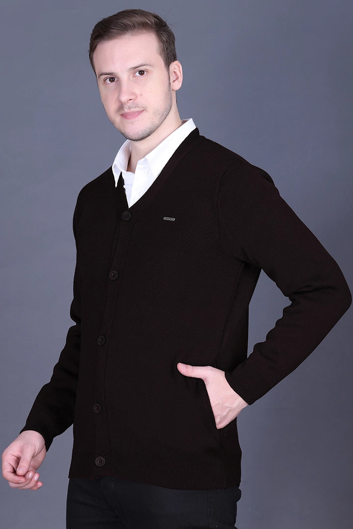 Black Woolen V-Neck Full Sleeve Mens Cardigan Sweater