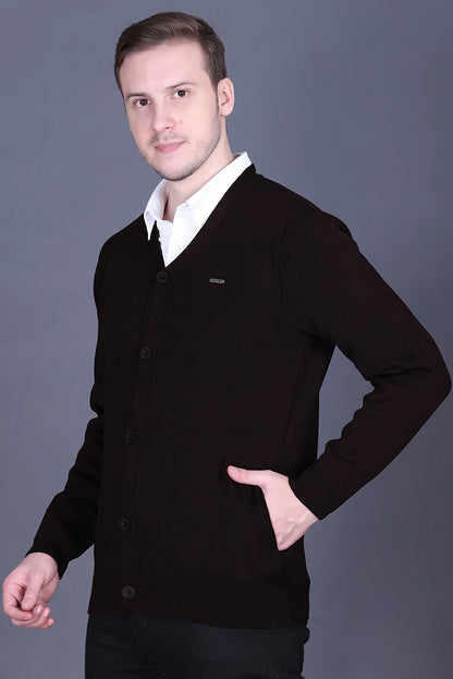 Black Woolen V-Neck Full Sleeve Mens Cardigan Sweater