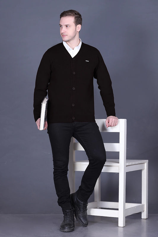 Black Woolen V-Neck Full Sleeve Mens Cardigan Sweater