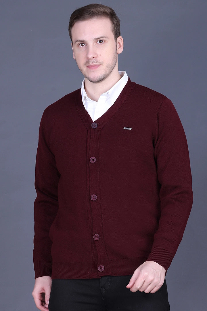 Wine Woolen V-Neck Full Sleeve Mens Cardigan Sweater