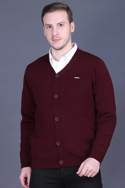 Wine Woolen V-Neck Full Sleeve Mens Cardigan Sweater
