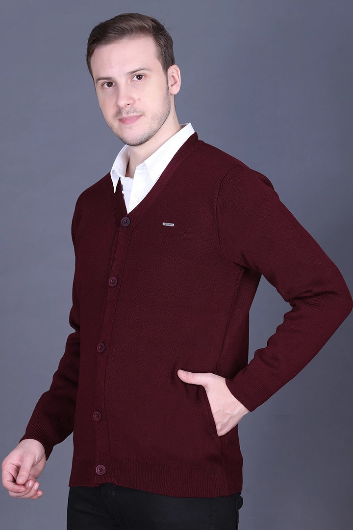 Wine Woolen V-Neck Full Sleeve Mens Cardigan Sweater