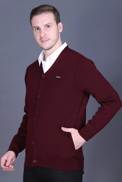Wine Woolen V-Neck Full Sleeve Mens Cardigan Sweater
