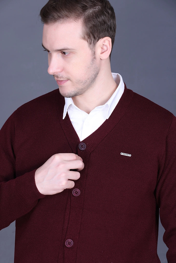 Wine Woolen V-Neck Full Sleeve Mens Cardigan Sweater
