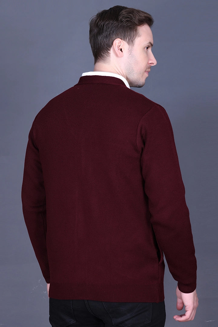 Wine Woolen V-Neck Full Sleeve Mens Cardigan Sweater