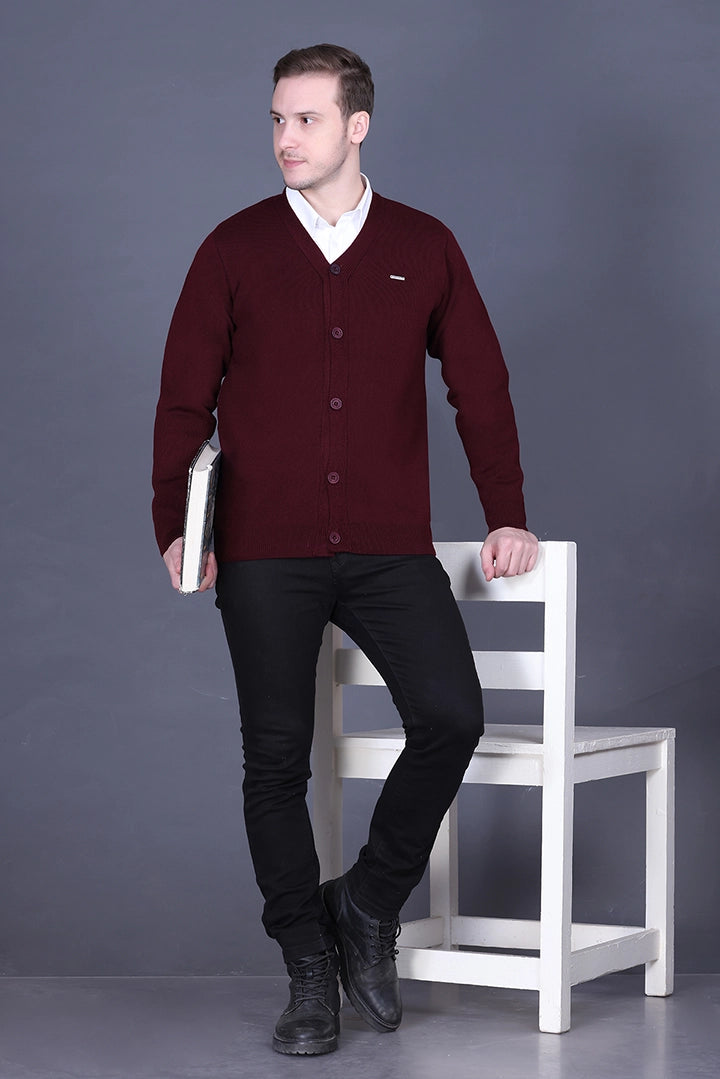 Wine Woolen V-Neck Full Sleeve Mens Cardigan Sweater