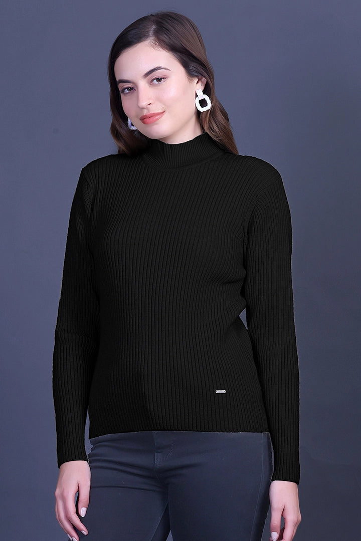 Black Full Sleeve Woolen Round Neck Sweater For Women