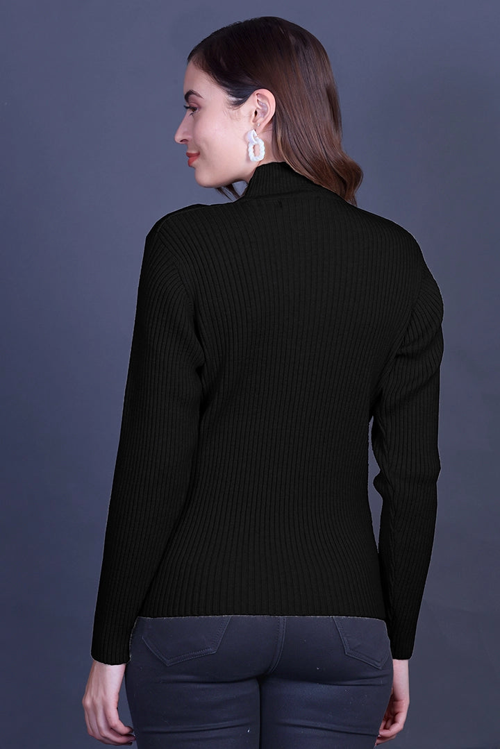Black Full Sleeve Woolen Round Neck Sweater For Women