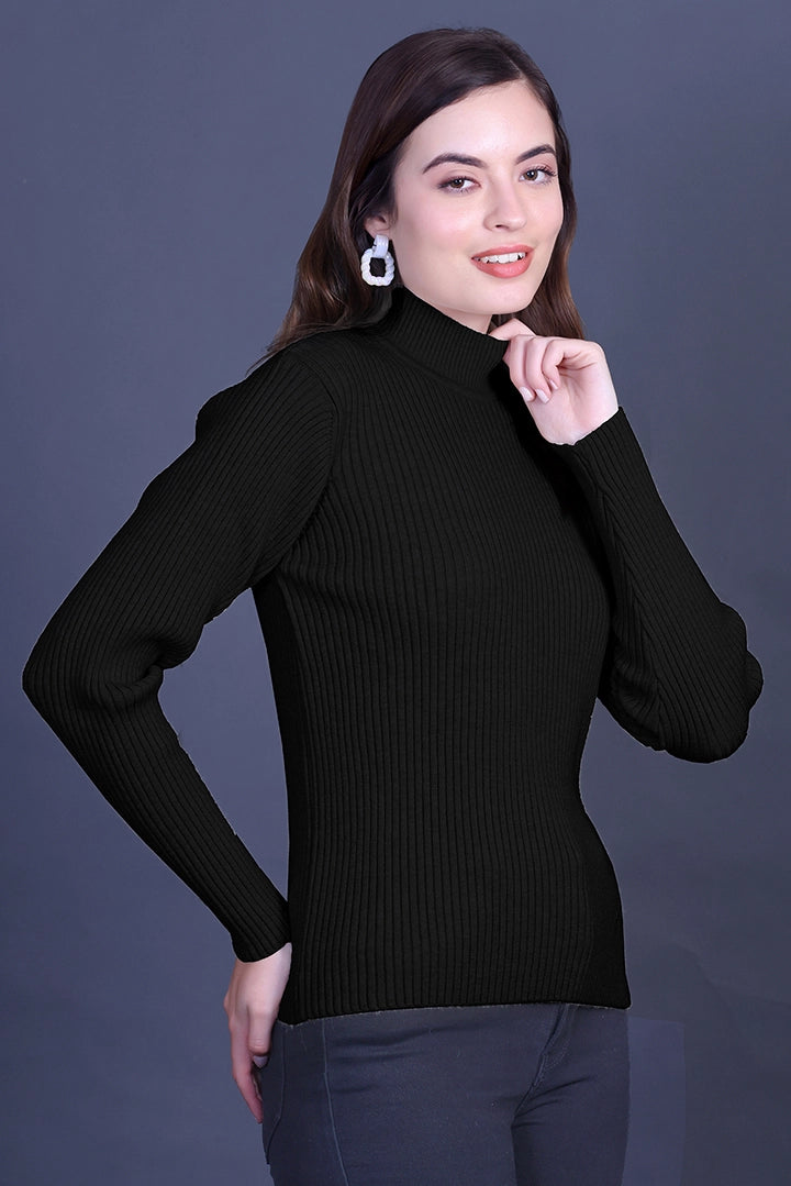 Black Full Sleeve Woolen Round Neck Sweater For Women