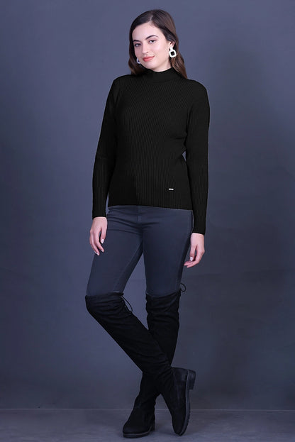 Black Full Sleeve Woolen Round Neck Sweater For Women