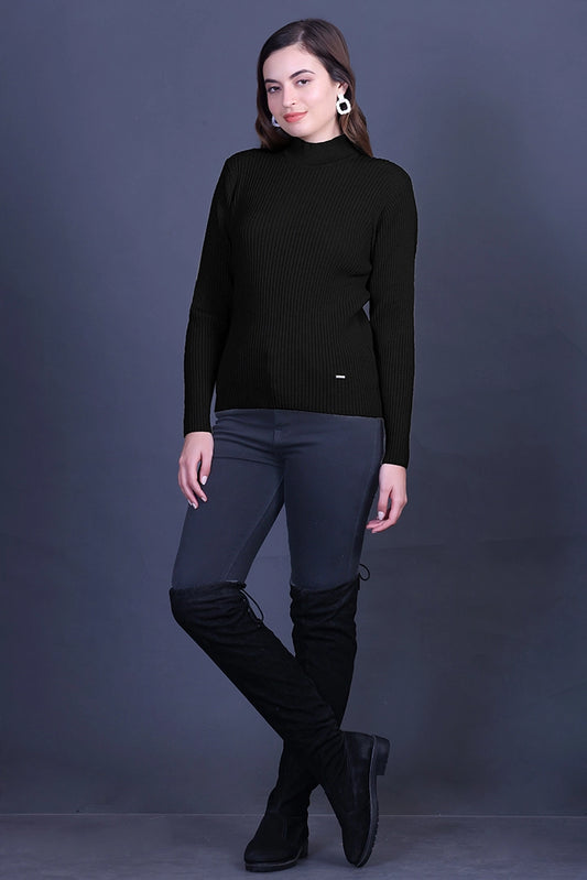 Black Full Sleeve Woolen Round Neck Sweater For Women