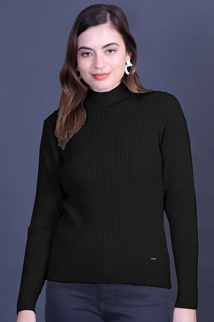 Black Full Sleeve Woolen Round Neck Sweater For Women