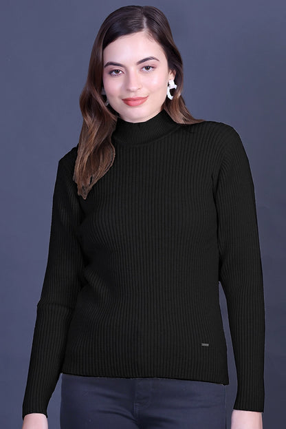 Black Full Sleeve Woolen Round Neck Sweater For Women