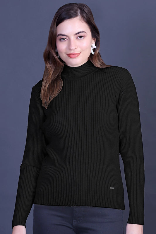 Black Full Sleeve Woolen Round Neck Sweater For Women