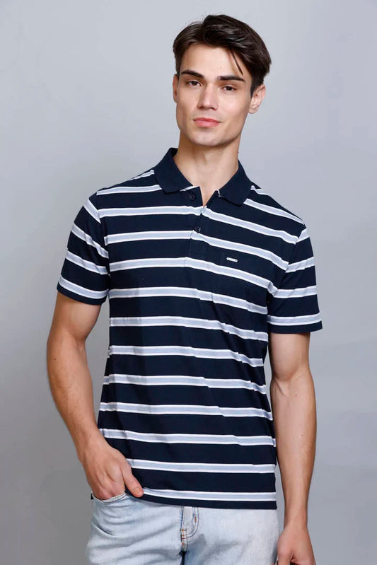 Navy Striped Half Sleeve Polo T-Shirt for Men With Pocket