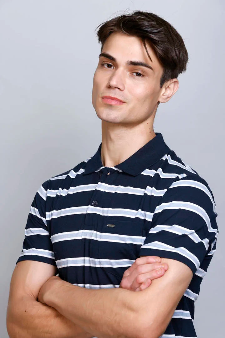 Navy Striped Half Sleeve Polo T-Shirt for Men With Pocket