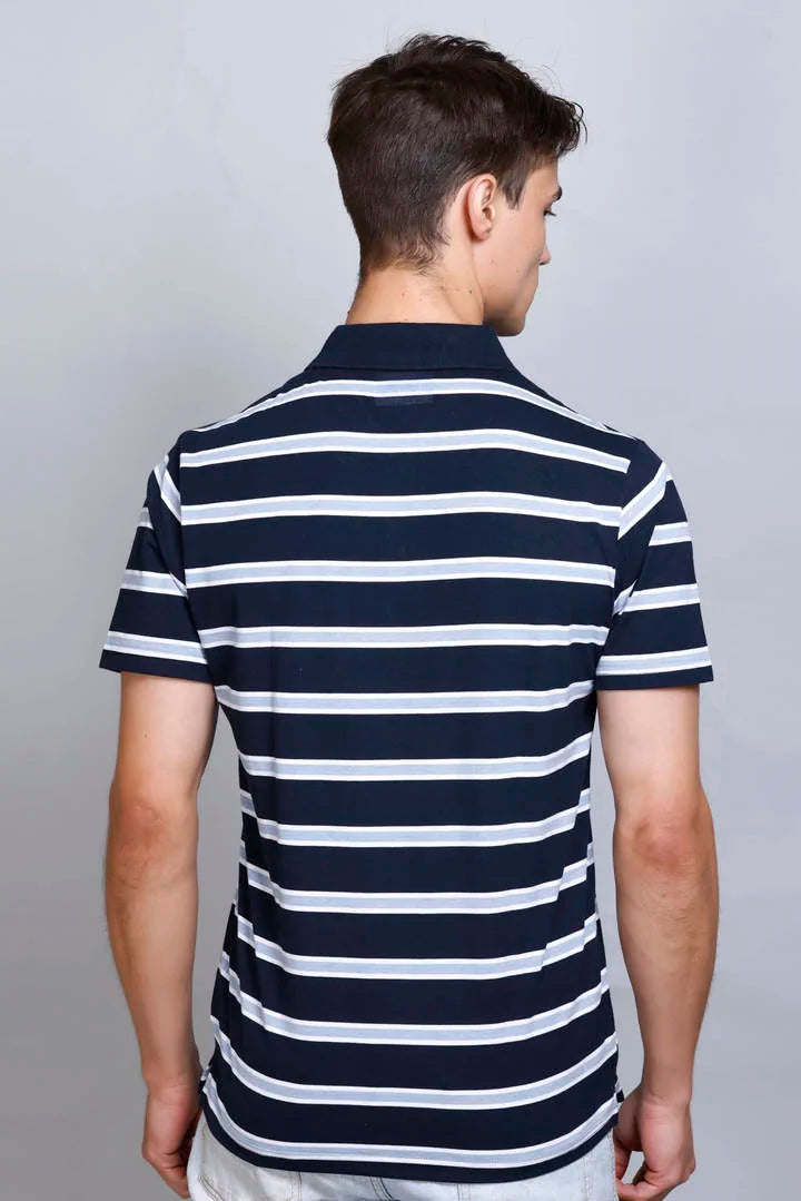 Navy Striped Half Sleeve Polo T-Shirt for Men With Pocket