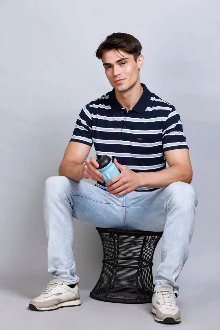 Navy Striped Half Sleeve Polo T-Shirt for Men With Pocket
