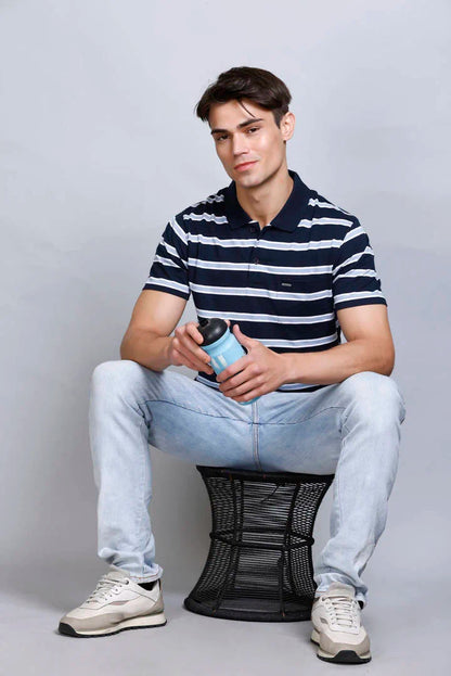 Navy Striped Half Sleeve Polo T-Shirt for Men With Pocket