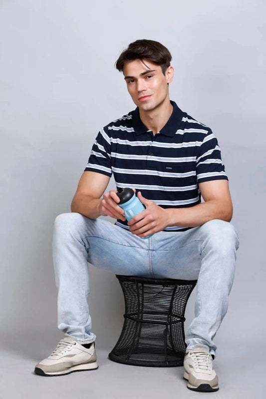 Navy Striped Half Sleeve Polo T-Shirt for Men With Pocket