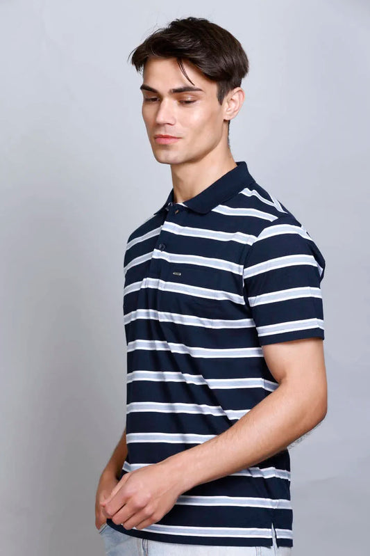 Navy Striped Half Sleeve Polo T-Shirt for Men With Pocket