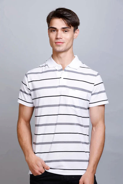 White Striped Half Sleeve Polo T-Shirt for Men With Pocket