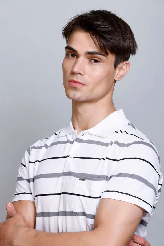 White Striped Half Sleeve Polo T-Shirt for Men With Pocket
