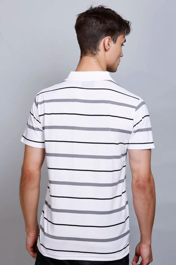 White Striped Half Sleeve Polo T-Shirt for Men With Pocket