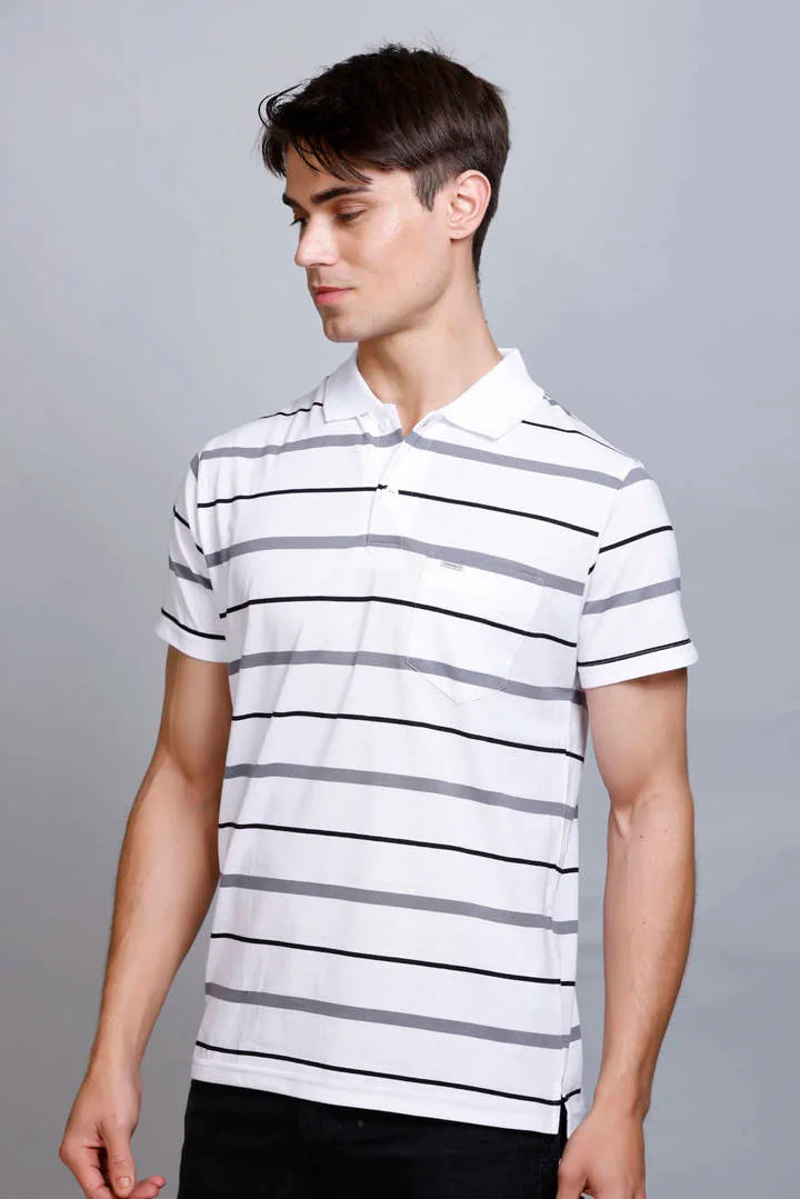 White Striped Half Sleeve Polo T-Shirt for Men With Pocket