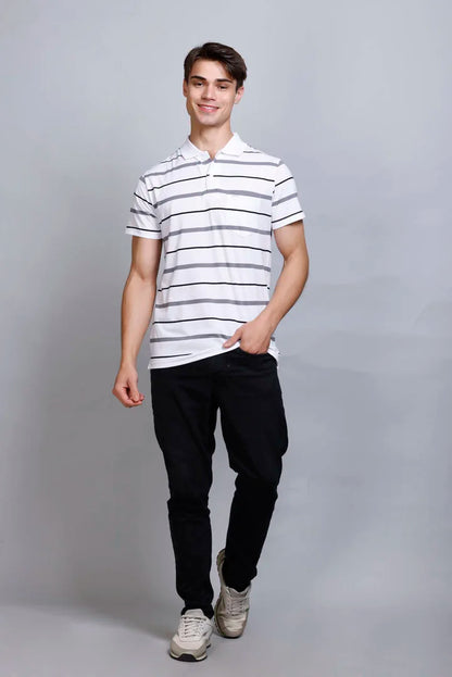 White Striped Half Sleeve Polo T-Shirt for Men With Pocket