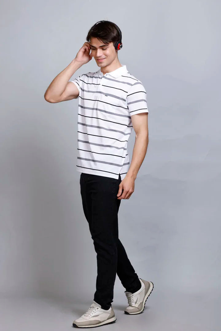 White Striped Half Sleeve Polo T-Shirt for Men With Pocket