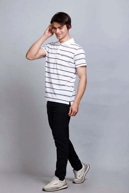 White Striped Half Sleeve Polo T-Shirt for Men With Pocket