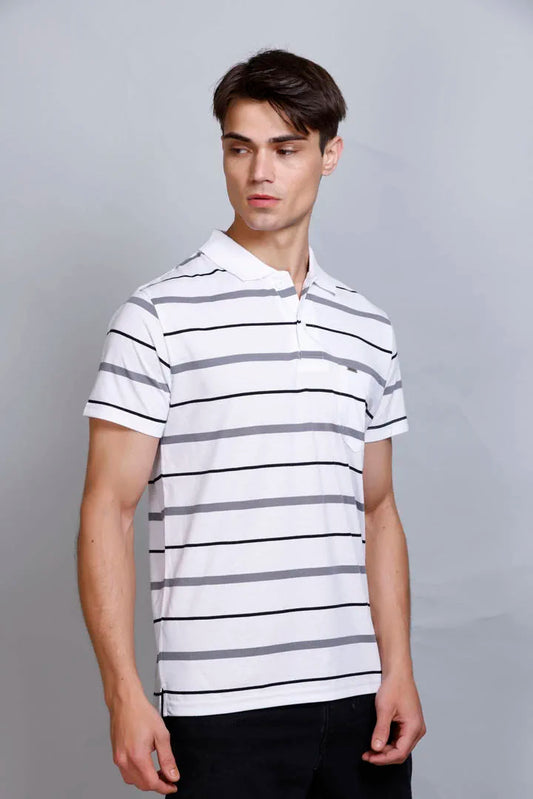 White Striped Half Sleeve Polo T-Shirt for Men With Pocket