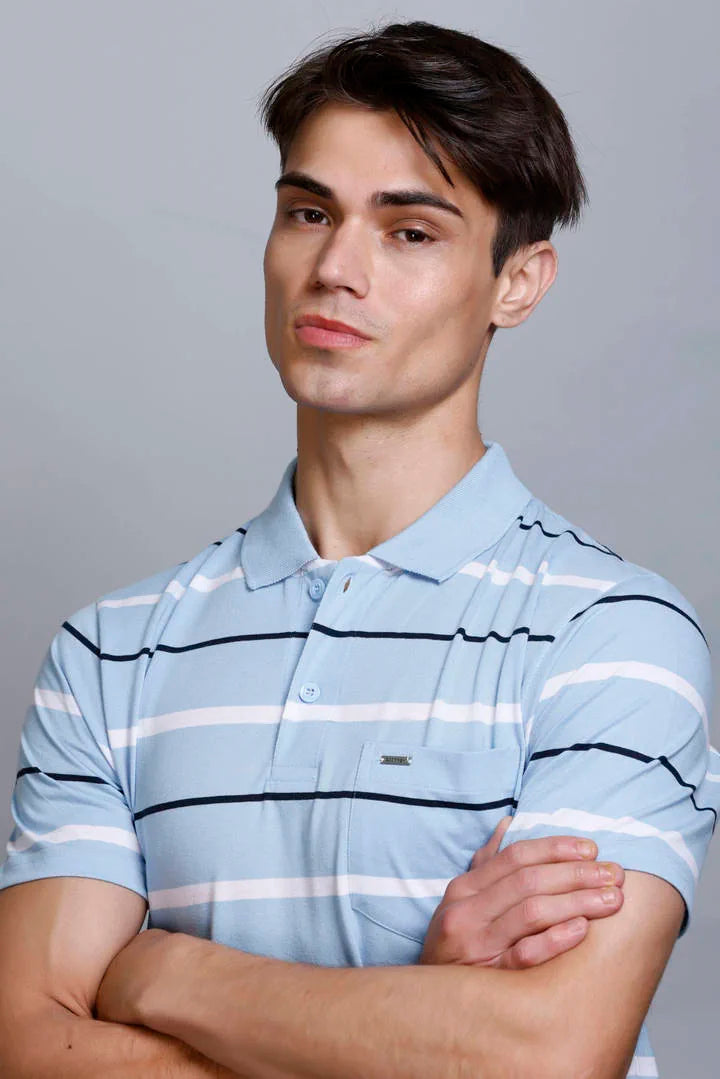 Sky Striped Half Sleeve Polo T-Shirt for Men With Pocket