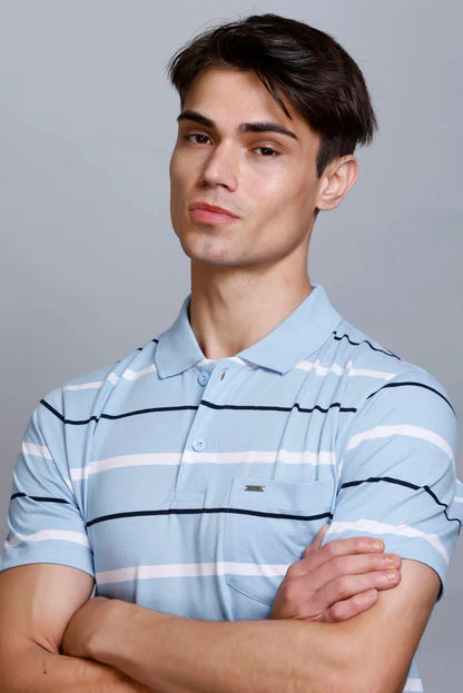 Sky Striped Half Sleeve Polo T-Shirt for Men With Pocket