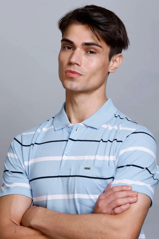 Sky Striped Half Sleeve Polo T-Shirt for Men With Pocket