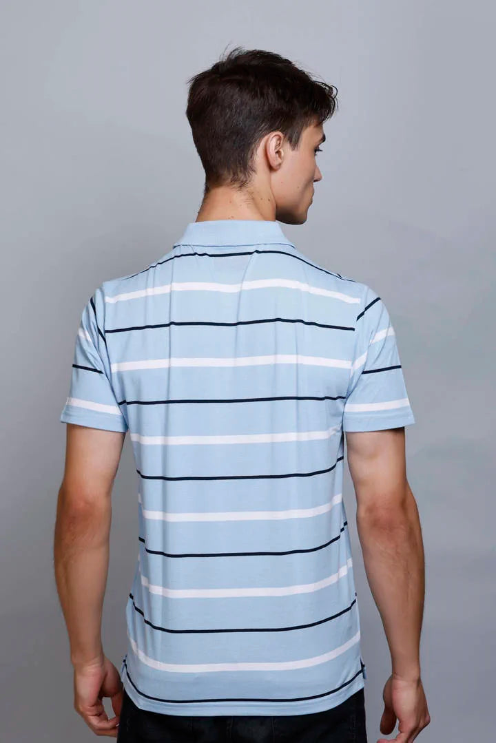 Sky Striped Half Sleeve Polo T-Shirt for Men With Pocket