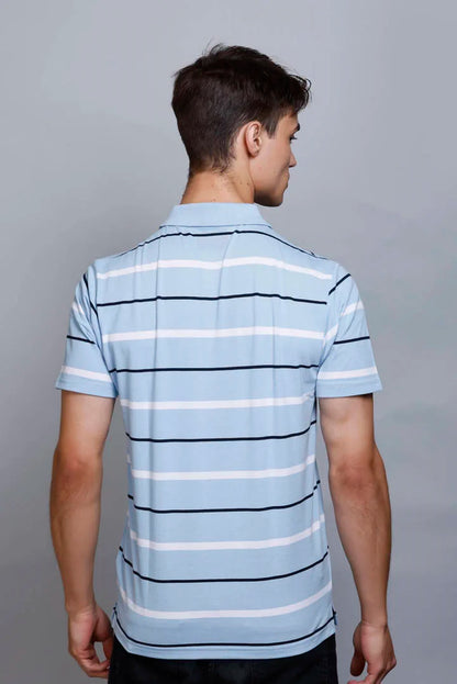 Sky Striped Half Sleeve Polo T-Shirt for Men With Pocket
